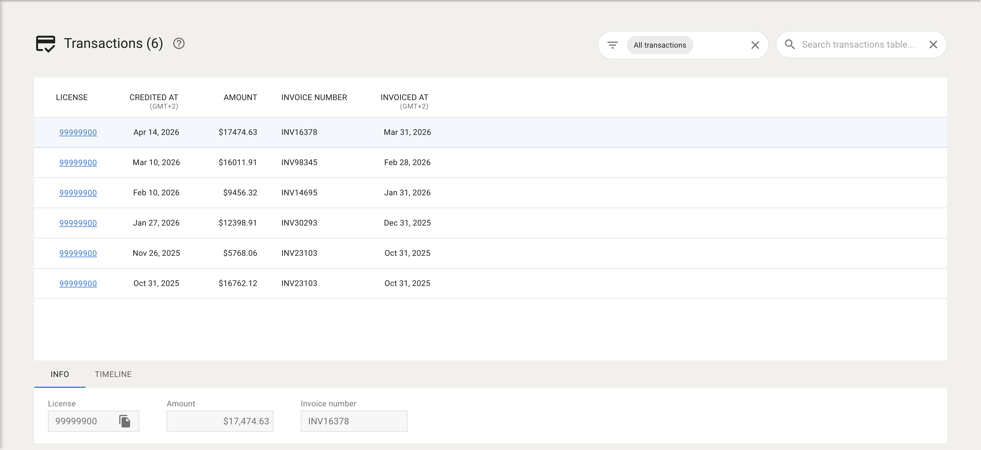 transactions screen